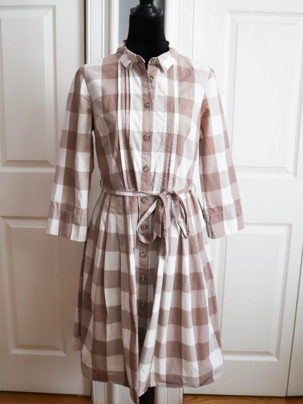 Boden 100% Cotton Pintuck Gingham Check Fit & Flare Shirt Dress Sz 8 Driftwood